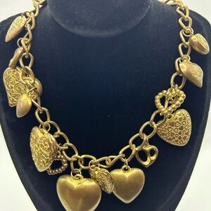Vtg Brassy Gold Tone Heart Charm Necklace | Antique Patina | Victorian Style